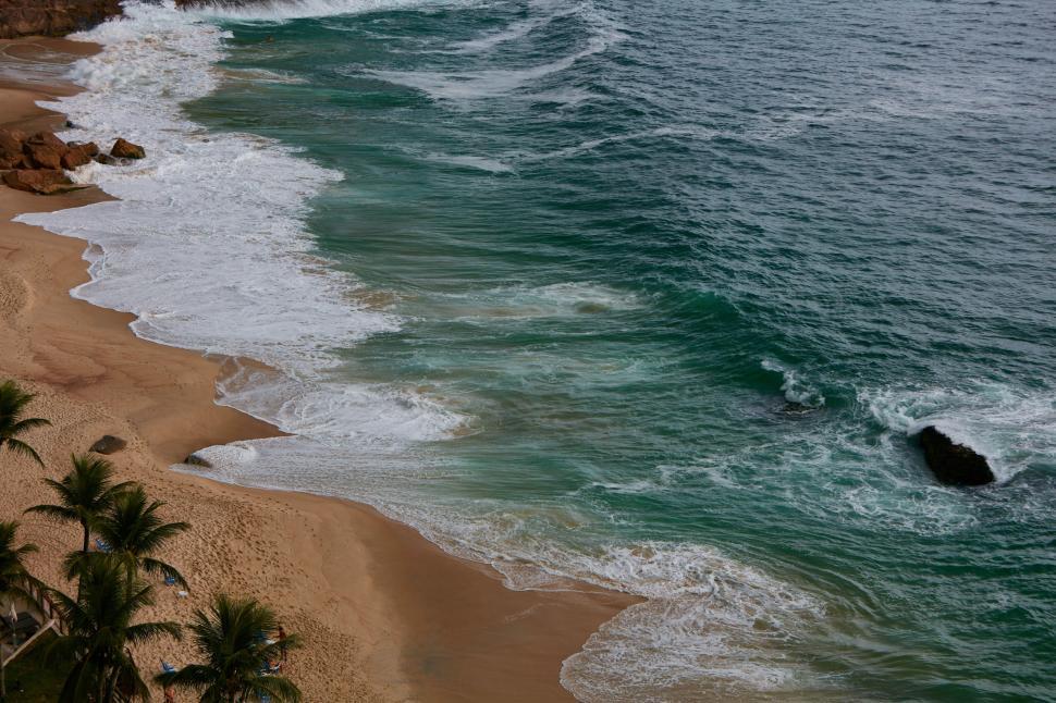 Free Image of Sandy beach with gentle waves and palm trees offshore 