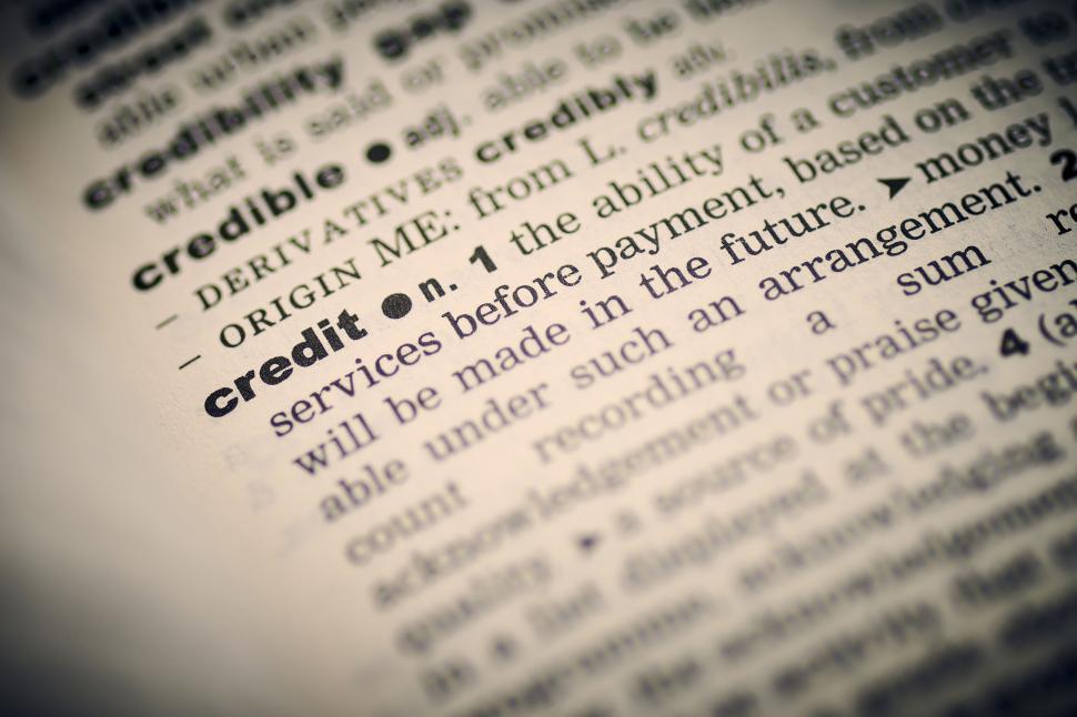 Free Image of Dictionary definition of  credit  in high detail close-up shot. 