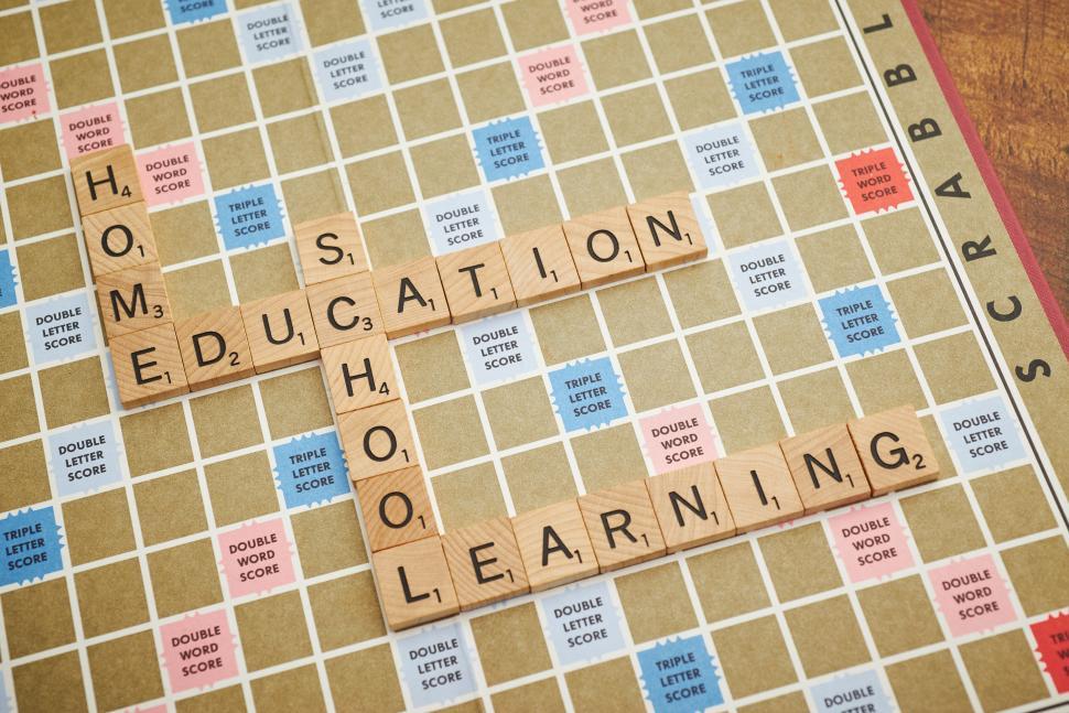 Free Image of Scrabble letters spelling words home, education, school. 