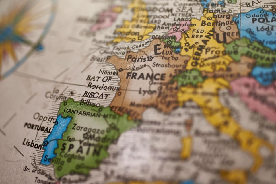 Free Image of European regions highlighted showing France and Spain. 