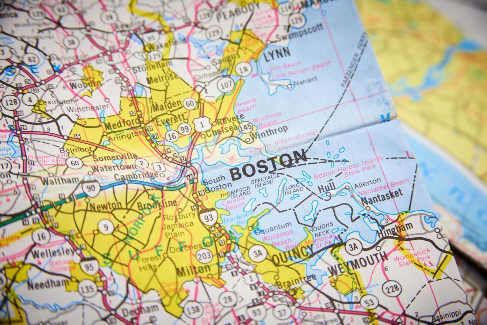 Free Image of Detailed road atlas map of Boston, Massachusetts area. 