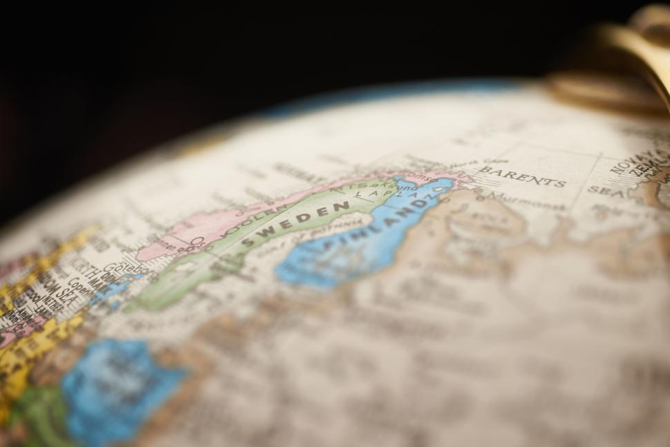 Free Image of Vintage globe map of Sweden and surrounding countries close-up. 
