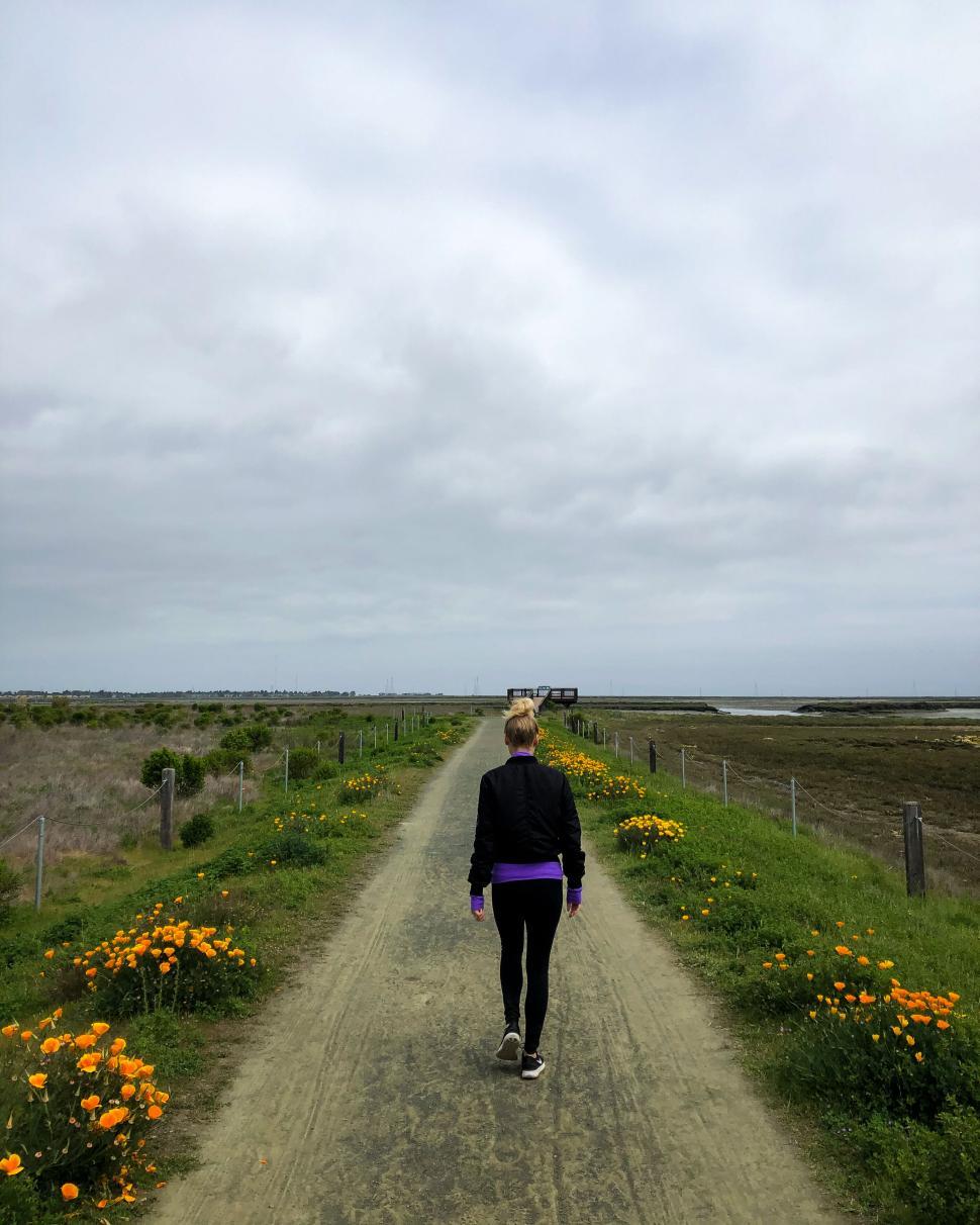 Free Image of Person walking on path with flowers and cloudy sky view 