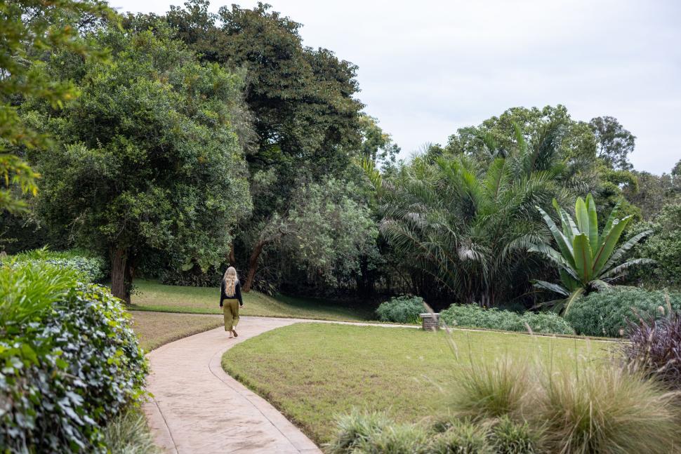 Free Image of Person walking alone on a park path under cloudy sky. 