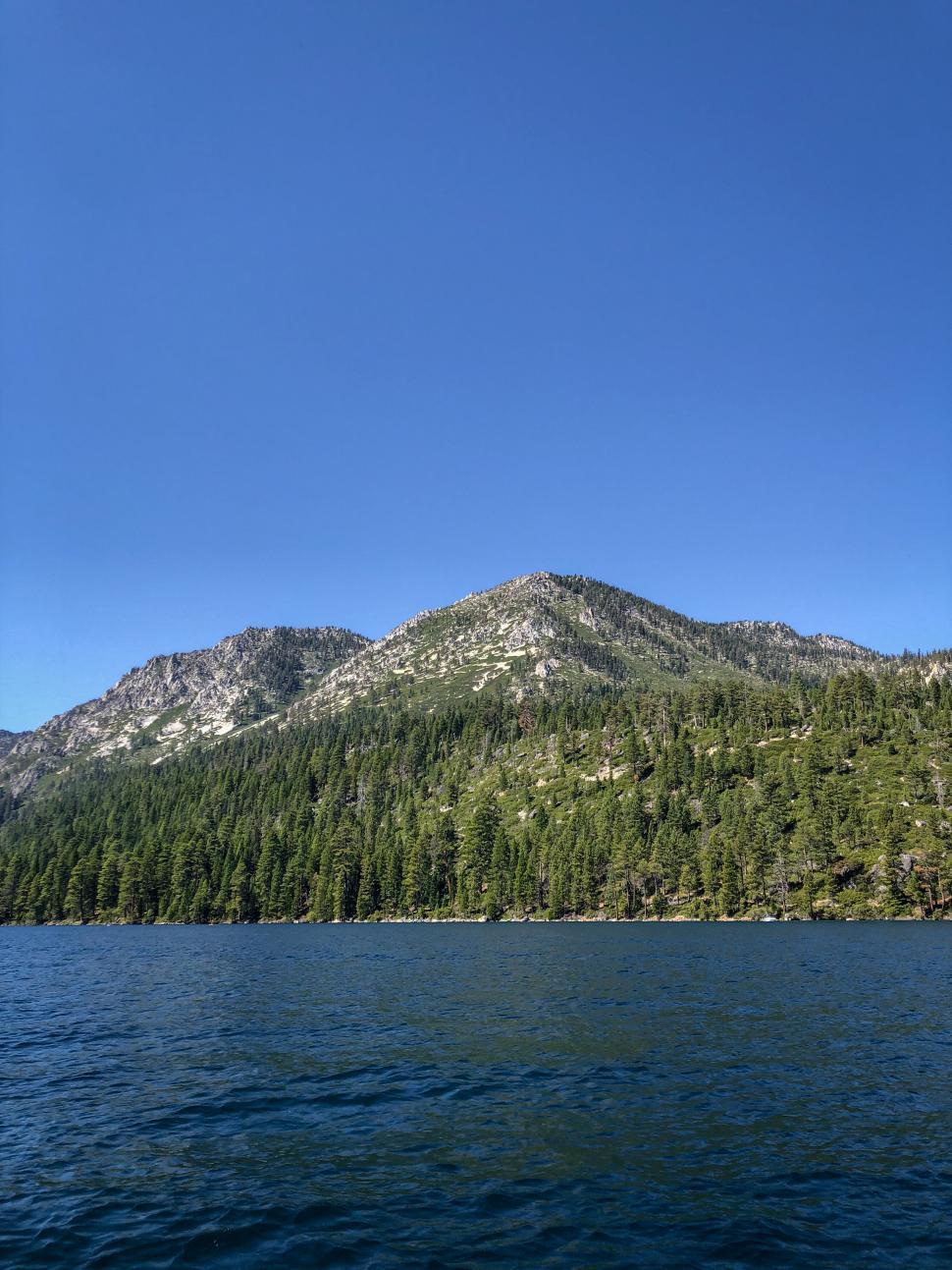 Free Image of Pristine lake nestled in beautiful pine-covered mountains 