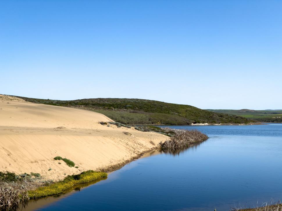 Free Image of Desert dune landscape with a tranquil river flowing nearby. 