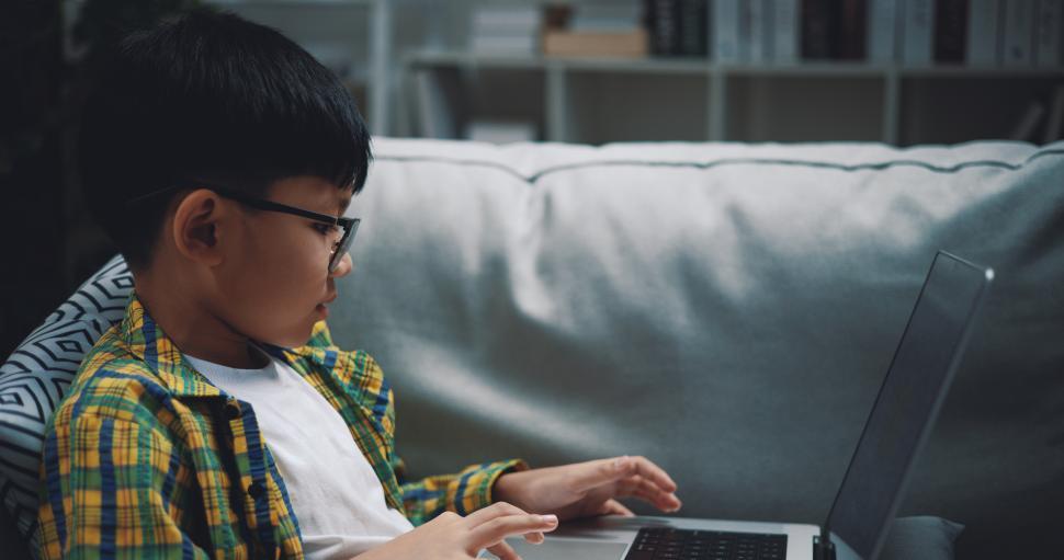 Free Image of Smart boy use laptop computer to learning online at home 