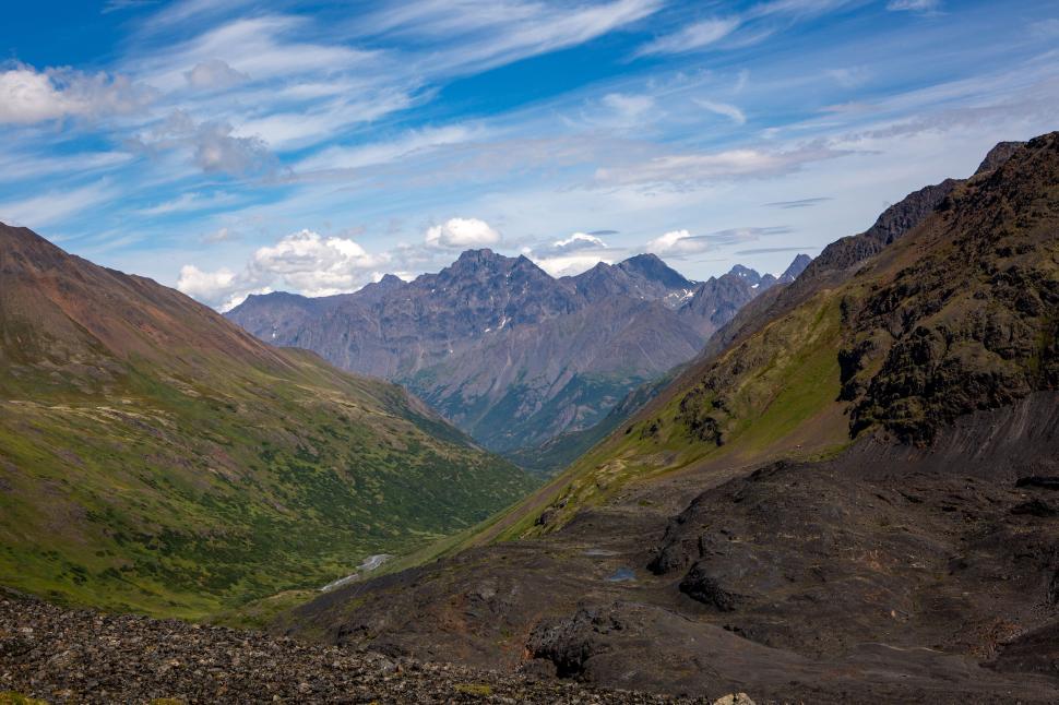 Free Image of Mountains with a lush green valley on a clear sunny day 