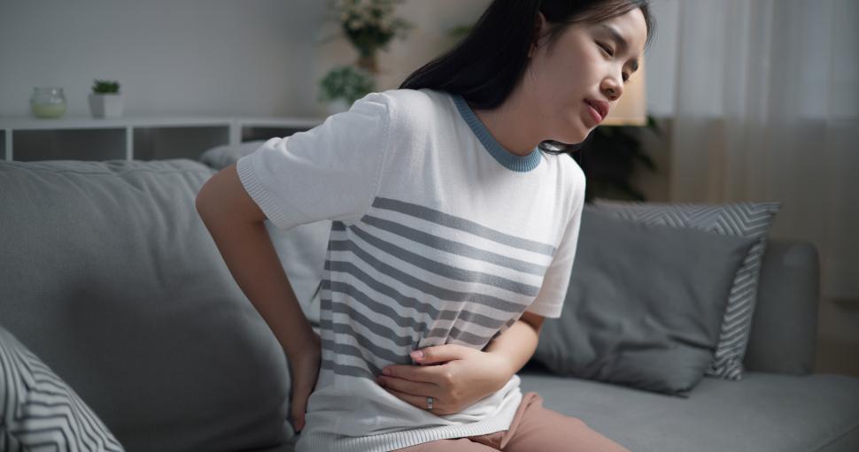 Free Image of Portrait of Young asian woman has waist pain or lumbago and massaging her loin while sitting on sofa in the living room, healthcare woes 