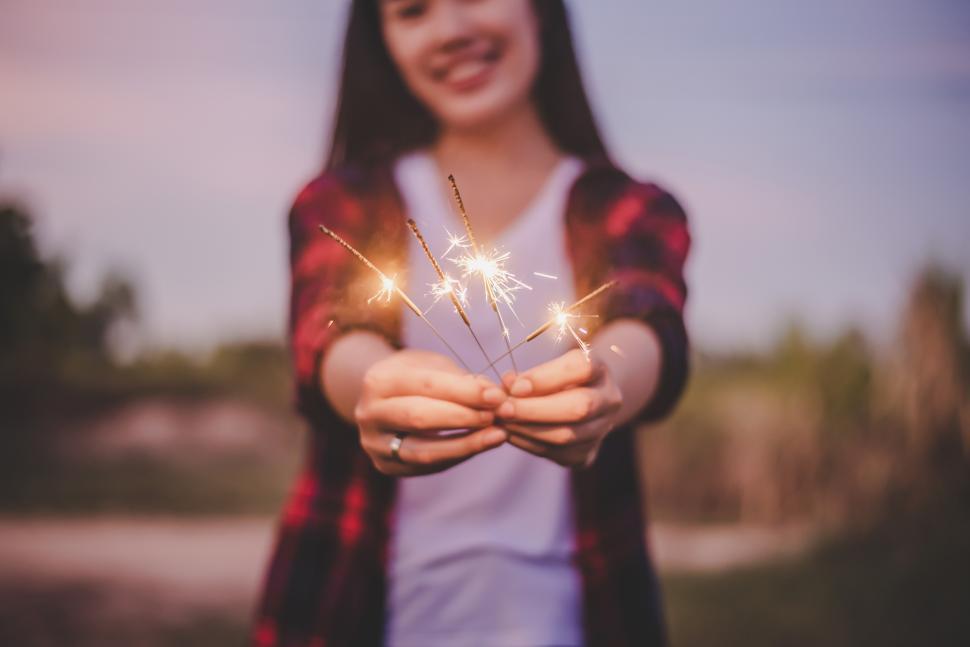 Free Image of Female hands holding fireworks burning sparkler playing celebration in New year 