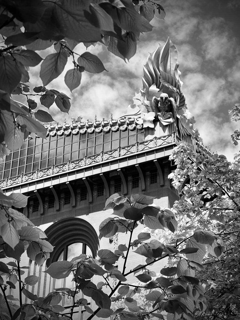 Free Image of Explore the intricate architectural details of the Chicago library surrounded by lush greenery and dramatic clouds 