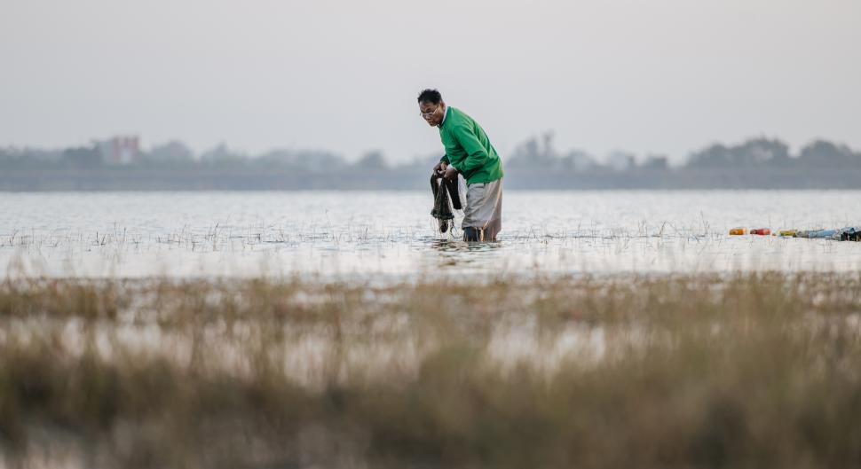 Free Image of Fisherman use fishing net to fishing at river in early morning 