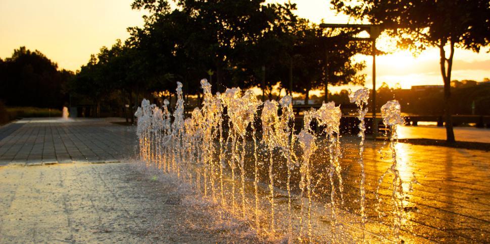 Free Image of Water fountains streaming in park at sunset picture. 