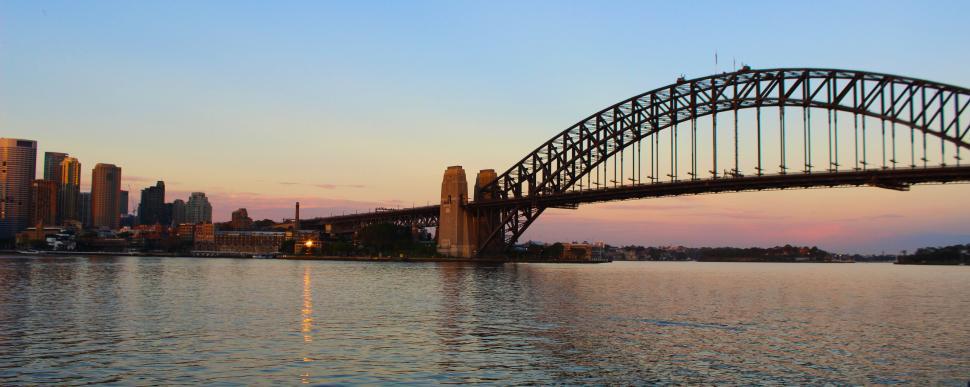 Free Image of Sydney Harbour Bridge at sunset with city background. 