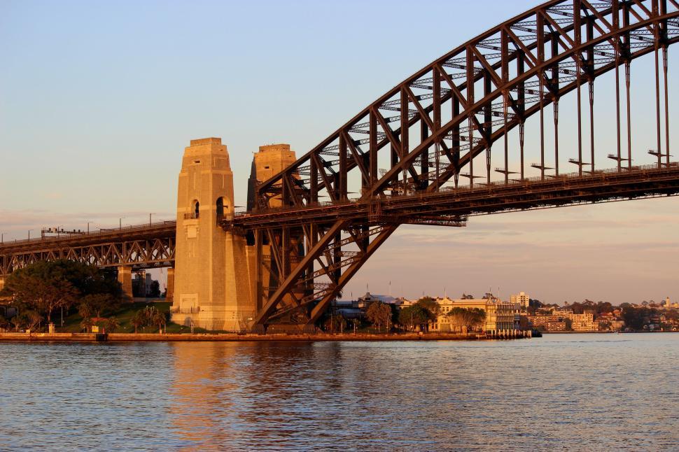 Free Image of Sydney Harbour Bridge in golden light of evening sun. 
