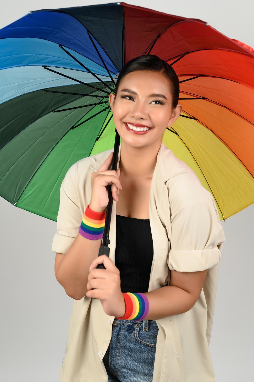 Free Image of Celebrating diversity with a rainbow umbrella at Pride 