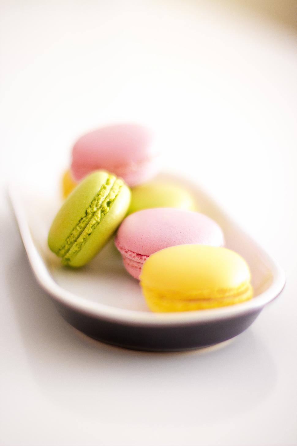 Free Image of Colorful macarons on a sleek plate in bright light 