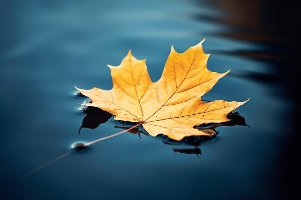 Free Image of Golden leaf drifting on calm water surface 