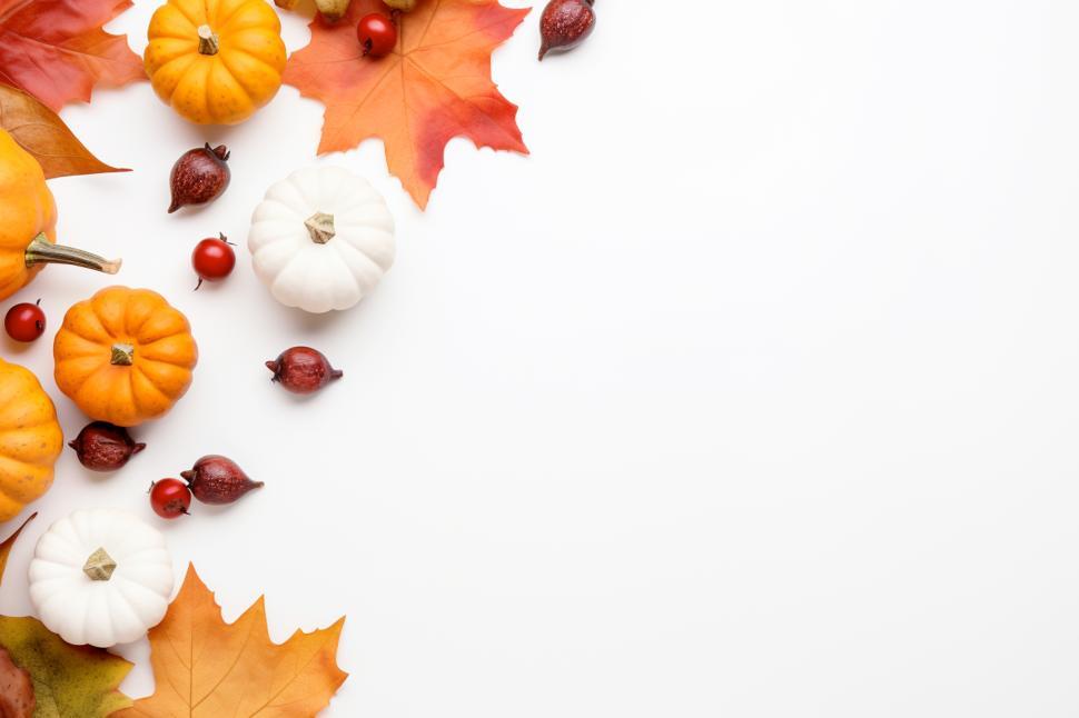Free Image of Pumpkins and autumn leaves create a seasonal display 