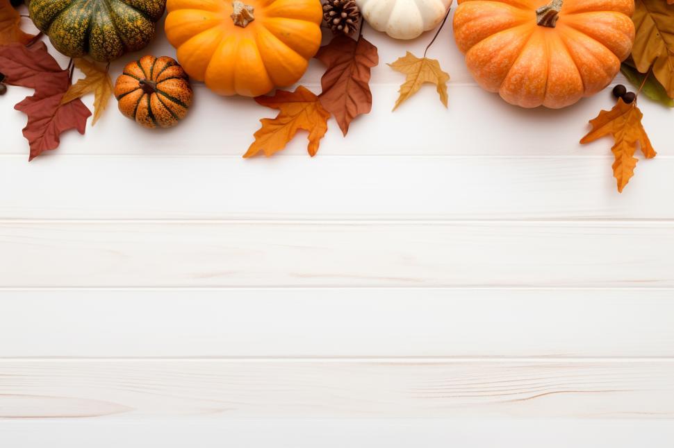 Free Image of Autumn pumpkins and leaves on wood 