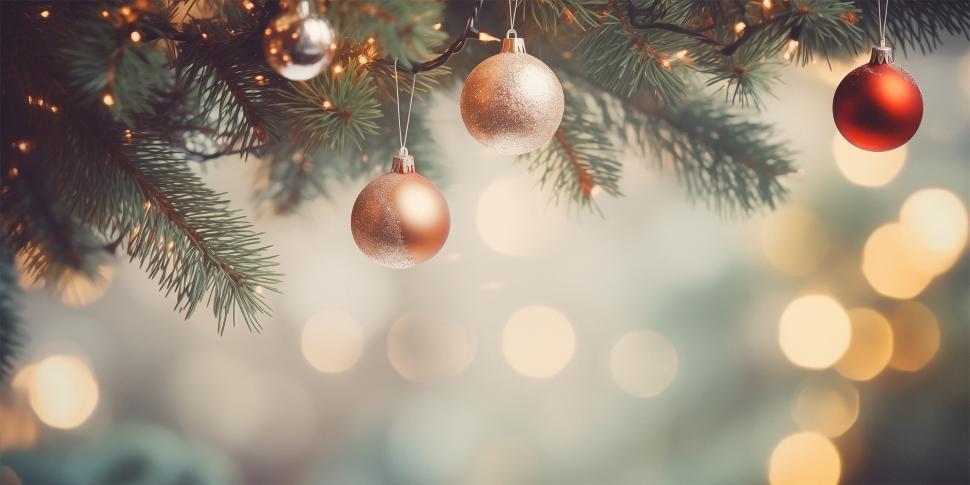 Free Image of Festive ornaments hanging on a Christmas tree branch 
