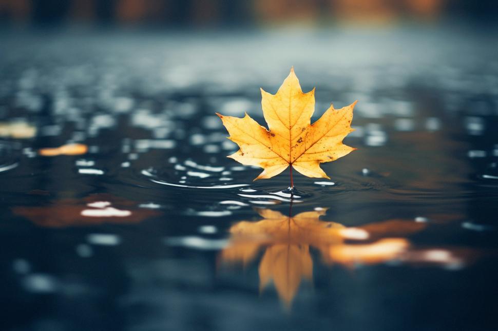 Free Image of Yellow maple leaf floating on rainy water surface 