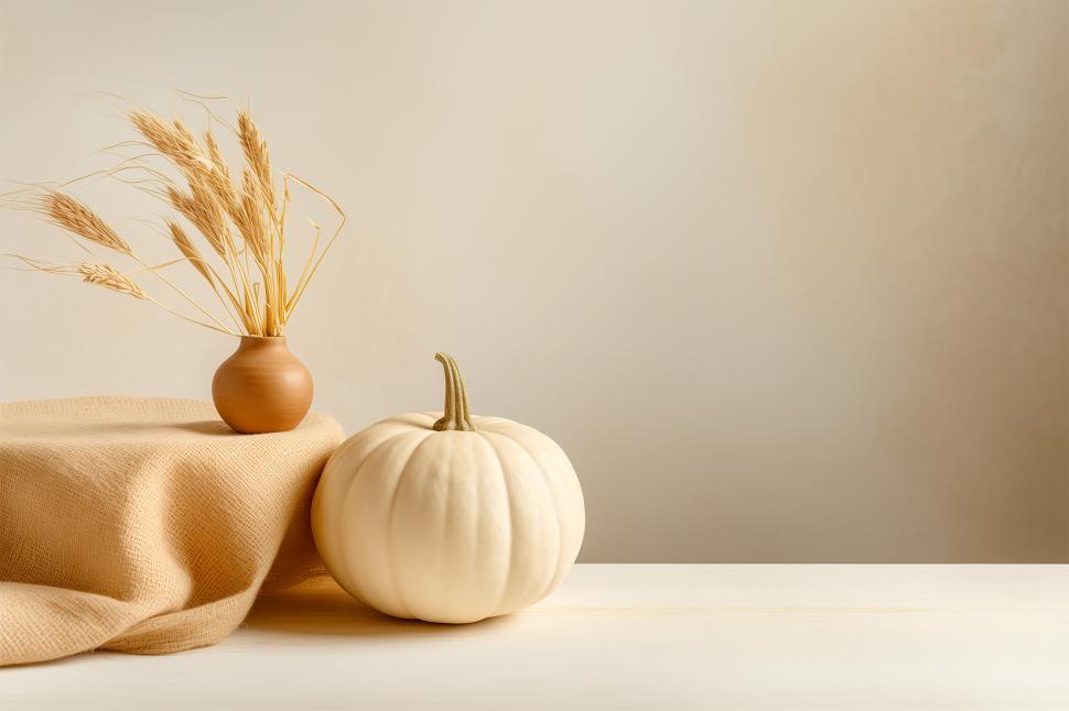 Free Image of Decorative autumn arrangement with white pumpkin and wheat 