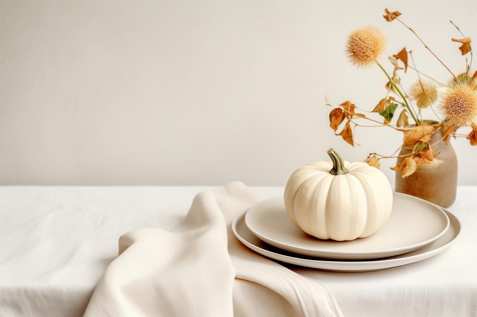 Free Image of White pumpkin and dried flowers on a dining table in autumn setting 