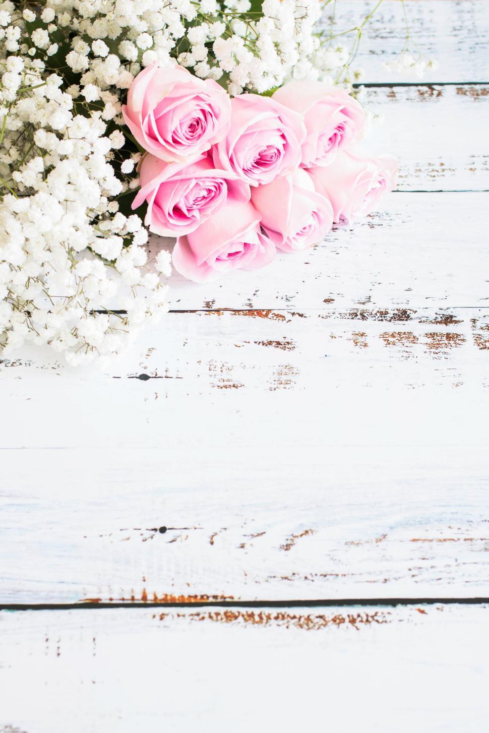 Free Image of Pink roses with baby s breath on rustic wood table 