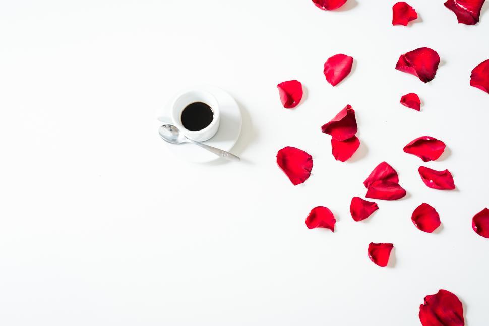 Free Image of Coffee cup surrounded by red rose petals on white surface 