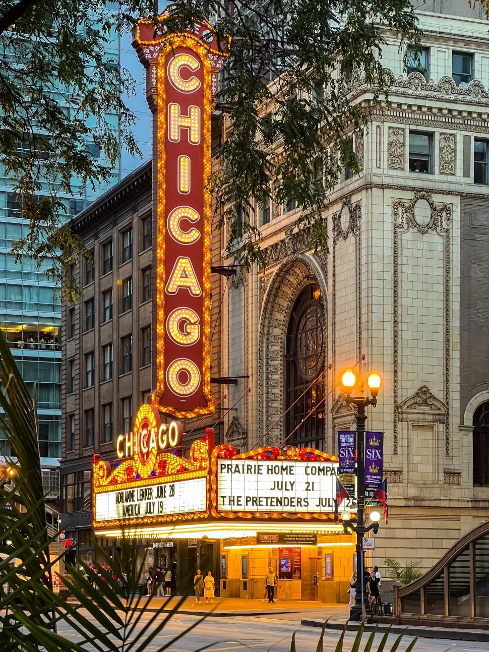 Free Image of Historic Chicago theater marquee showcasing upcoming events in downtown area 
