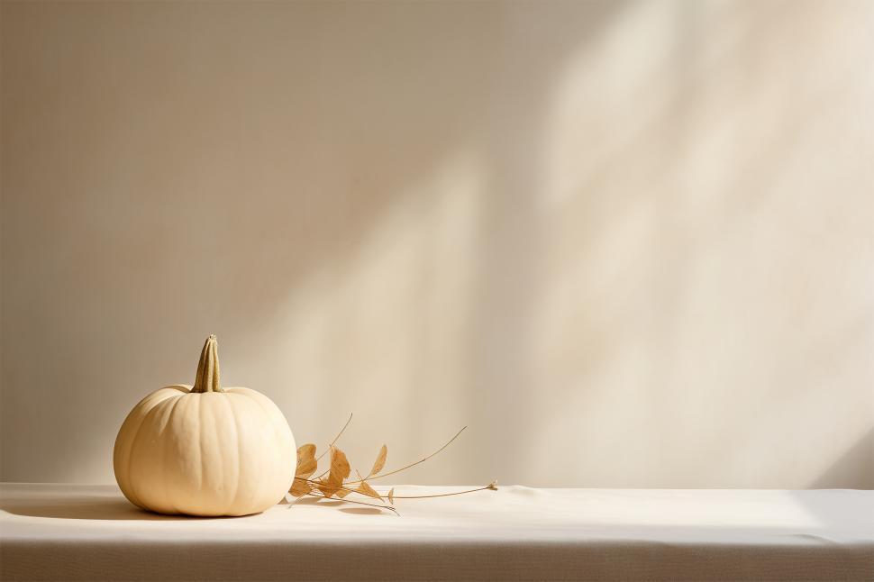 Free Image of White pumpkin and dried leaves on a table in natural light 