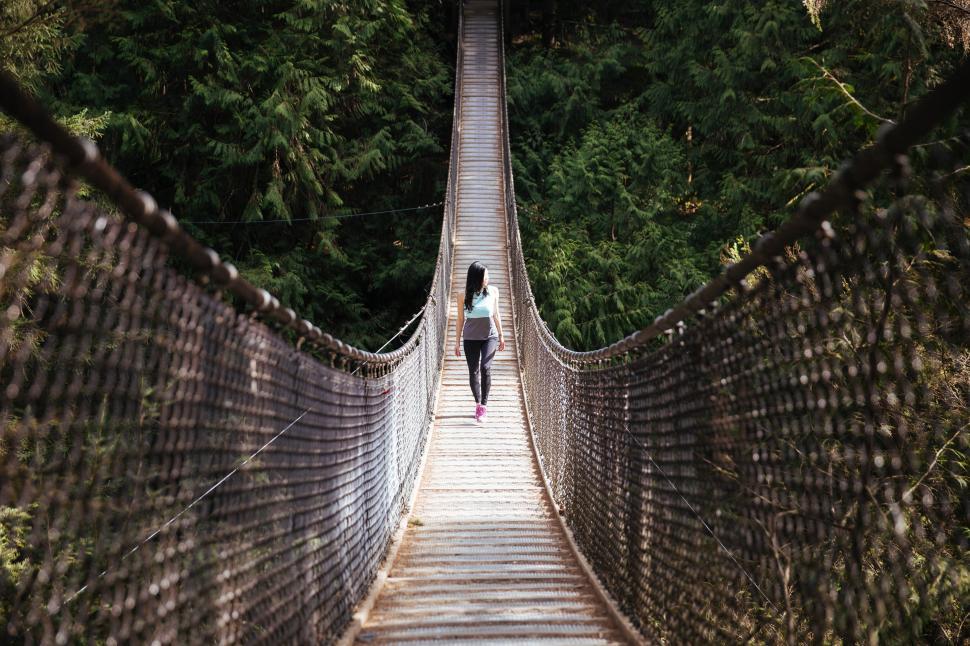 Free Image of Walking across a suspension bridge in a serene forest 