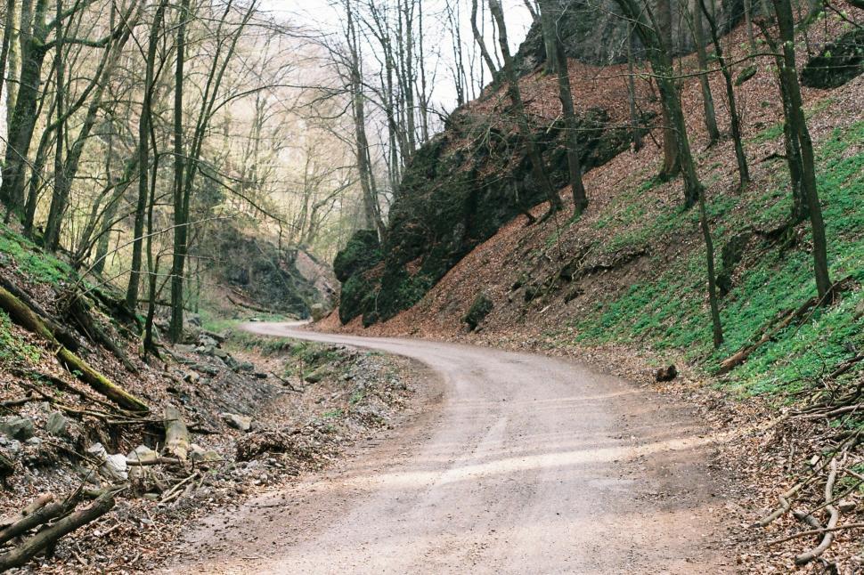 Free Image of Winding dirt road through forested area with rocky cliffs in autumn 