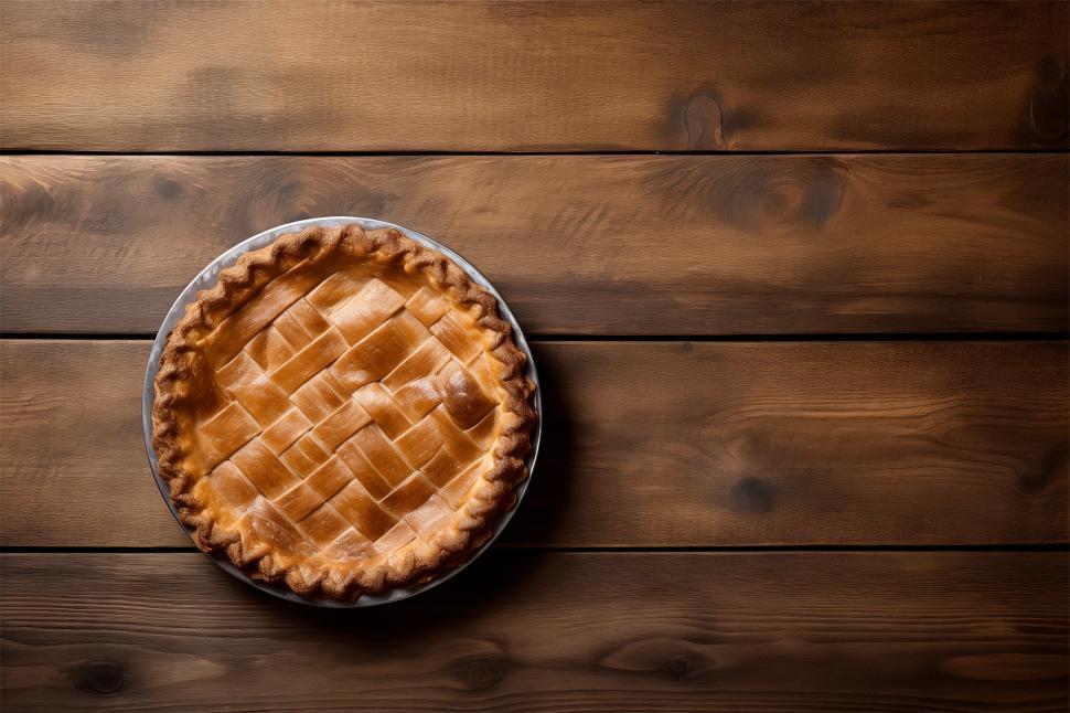 Free Image of Freshly baked apple pie resting on a rustic wooden table 