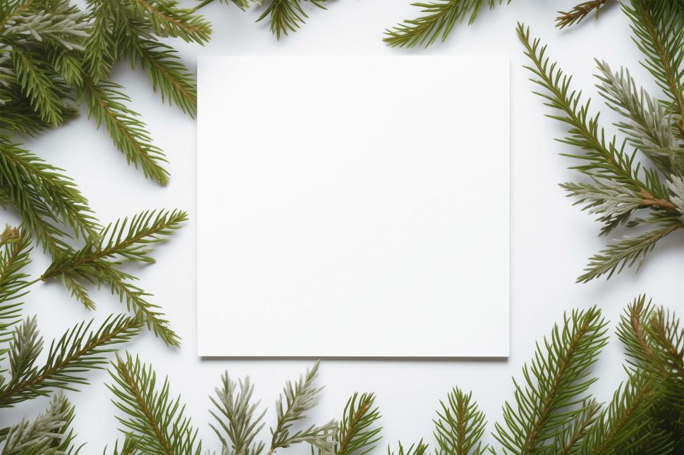 Free Image of Blank white card surrounded by fresh evergreen branches on a winter day 