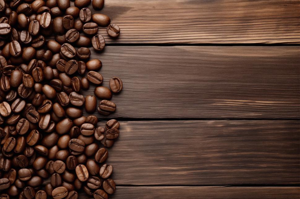 Free Image of Freshly roasted coffee beans scattered on a rustic wooden table 