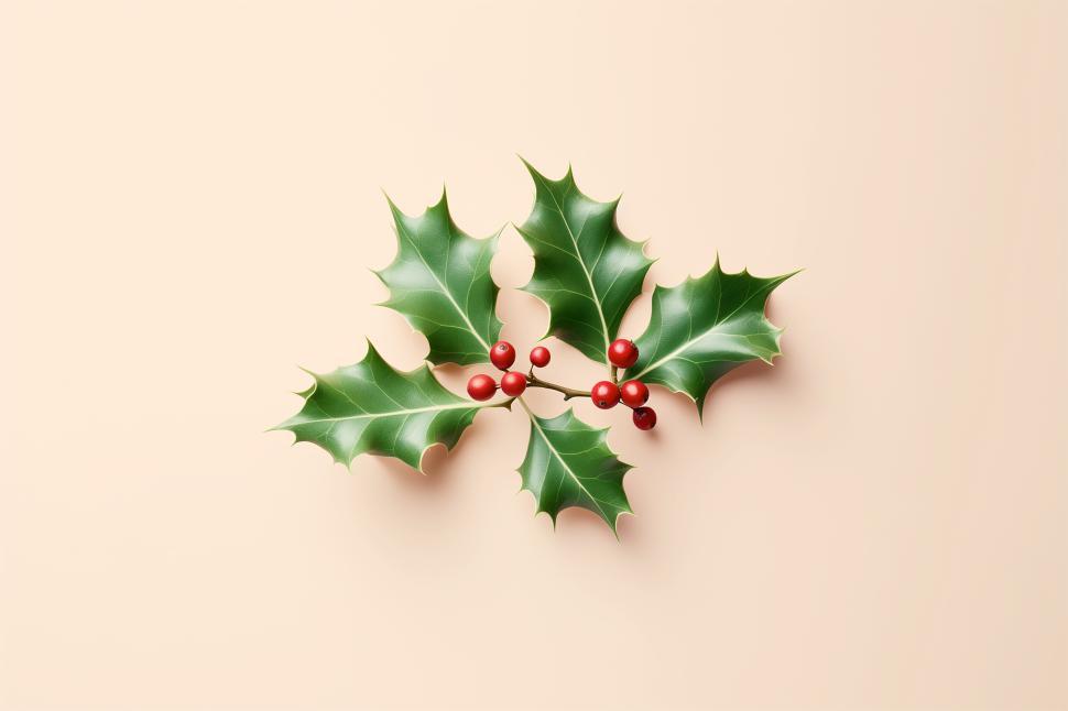 Free Image of Holly leaves and red berries arranged on a light background for winter decoration 