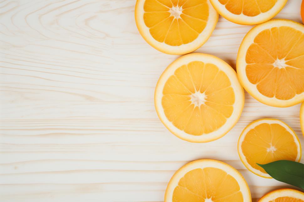 Free Image of Freshly sliced oranges arranged on a wooden surface for a vibrant display 