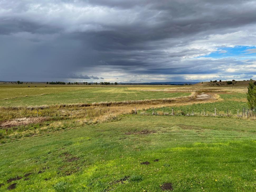 Free Image of Vast green landscape under cloudy skies with a winding stream in rural setting 