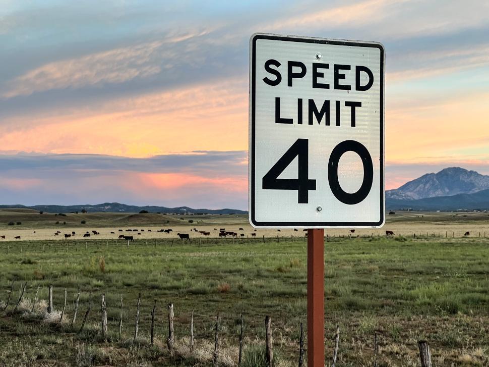 Free Image of Speed limit sign with beautiful sunset and grazing cattle in the distance 