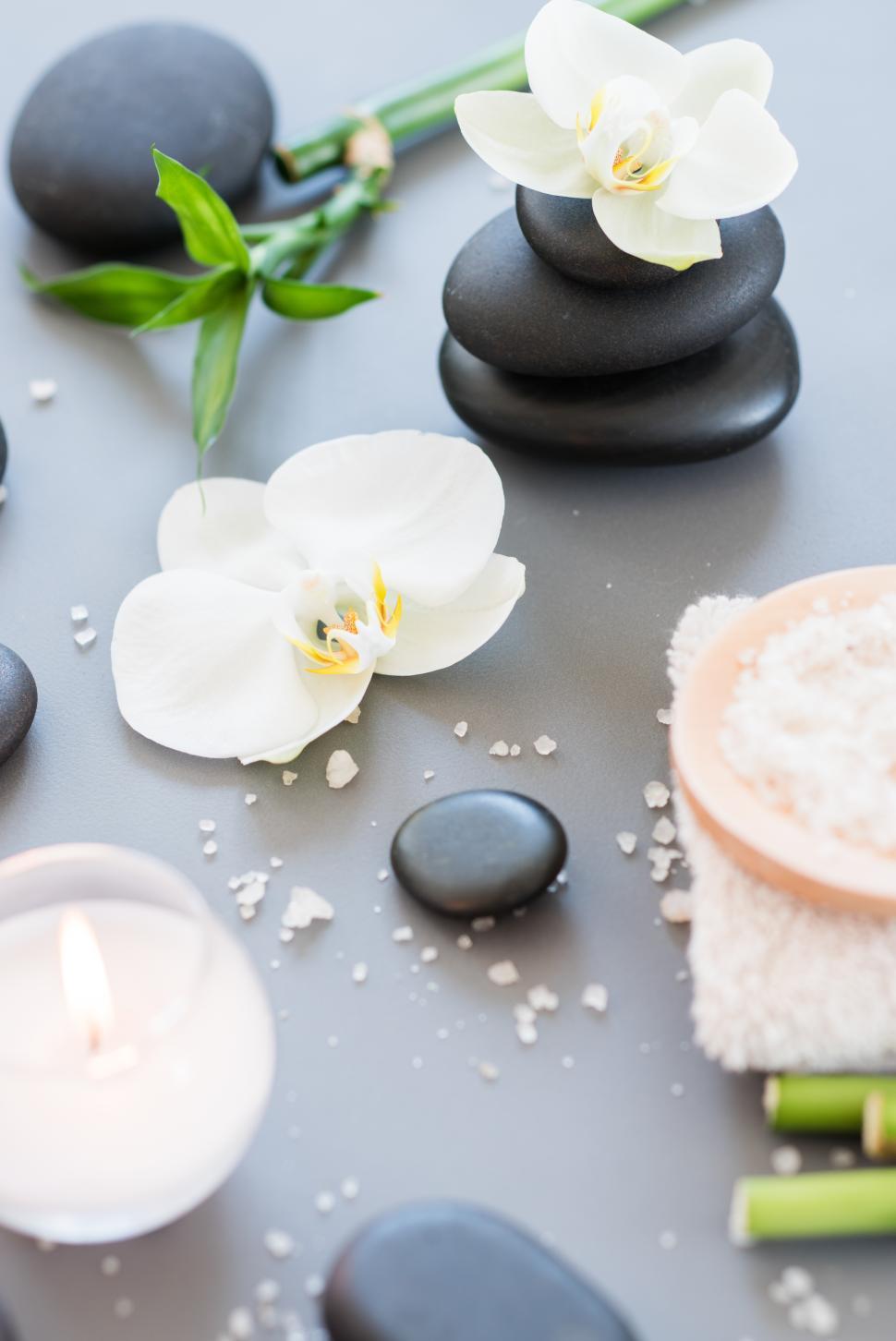 Free Image of Elegant spa arrangement with stones and flowers 