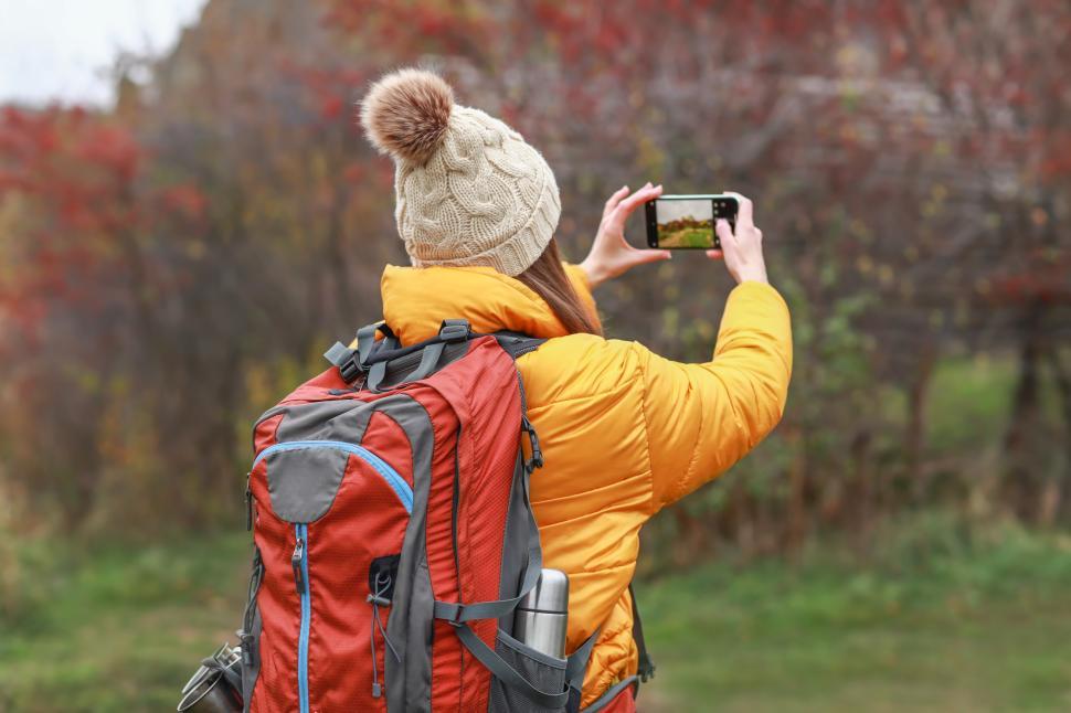 Free Image of Hiker captures scenic view during autumn adventure in the woods 