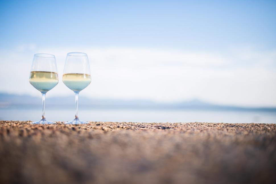 Free Image of Enjoying white wine by the serene lakeshore 