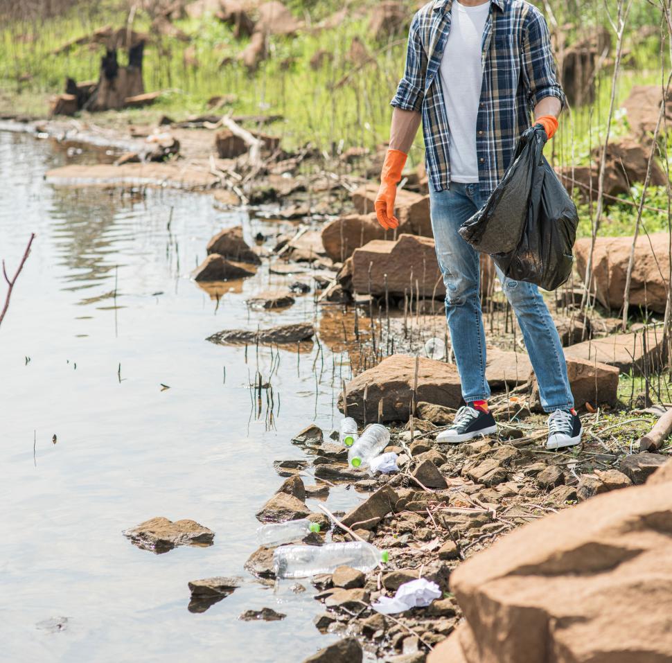 Free Image of A man wearing orange gloves collecting garbage in a black bag. 