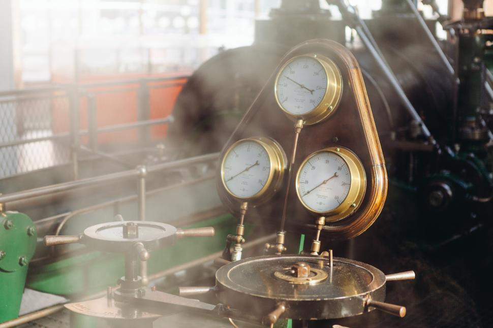Free Image of Vintage steam engine gauges in industry 