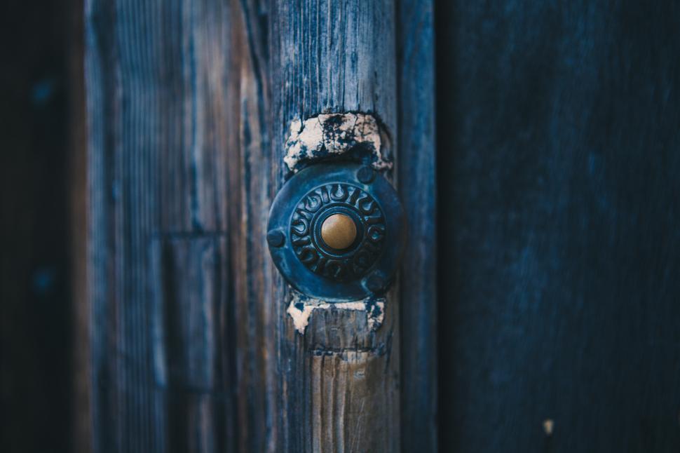 Free Image of Vintage doorbell on weathered wooden door 