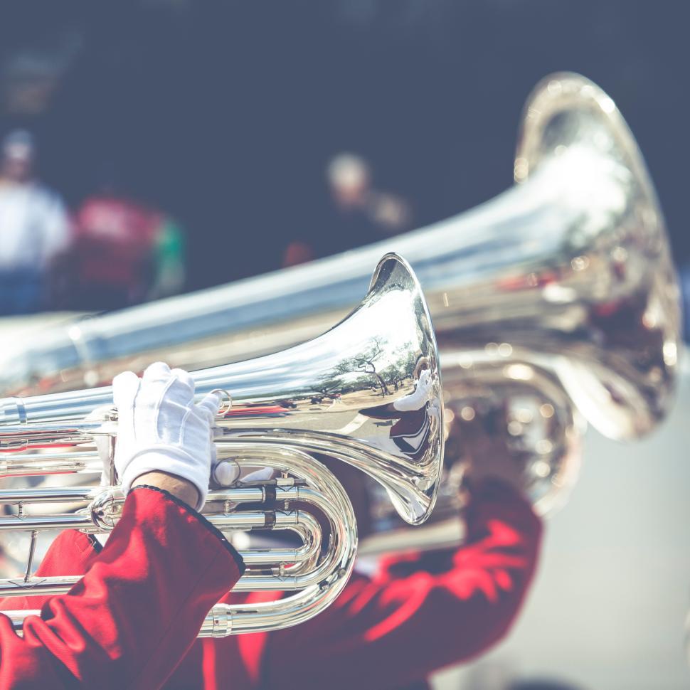 Free Image of Musician plays a tuba during a festive parade celebration in bright sunlight 