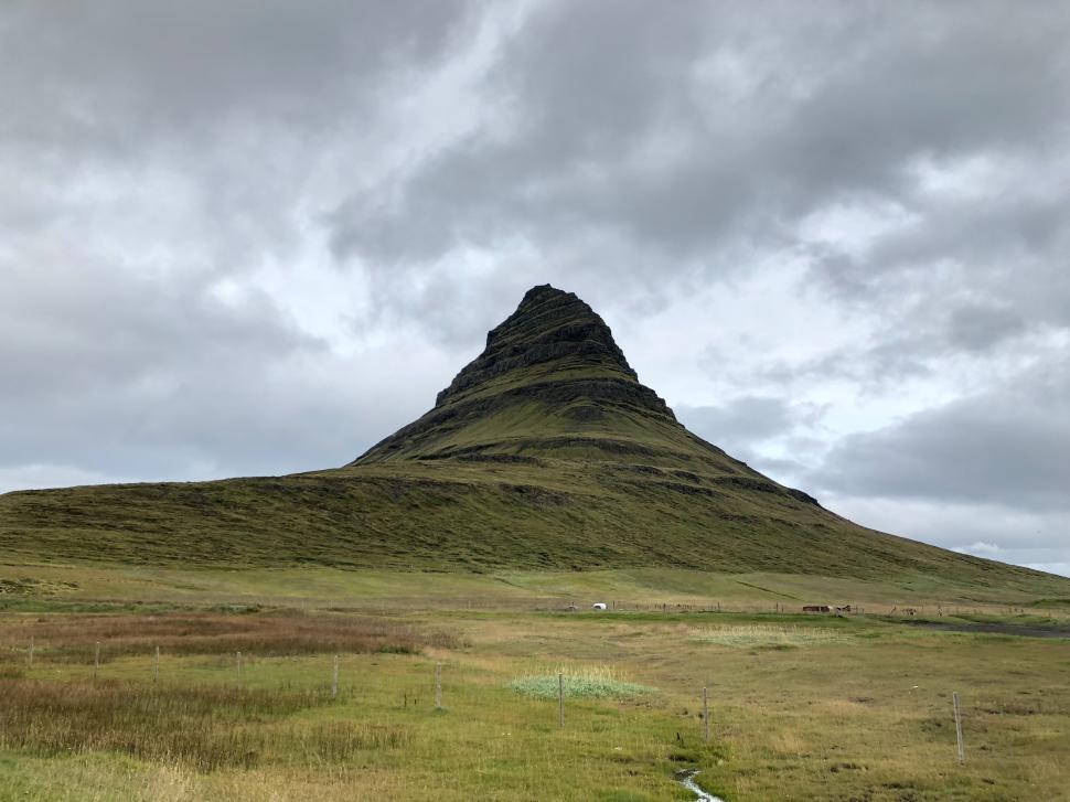 Free Image of Kirkjufell mountain surrounded by cloudy skies in Iceland 