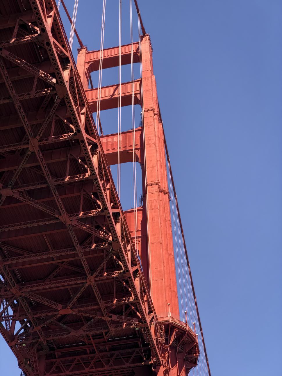 Free Image of Golden Gate Bridge viewed from below against a clear blue sky 